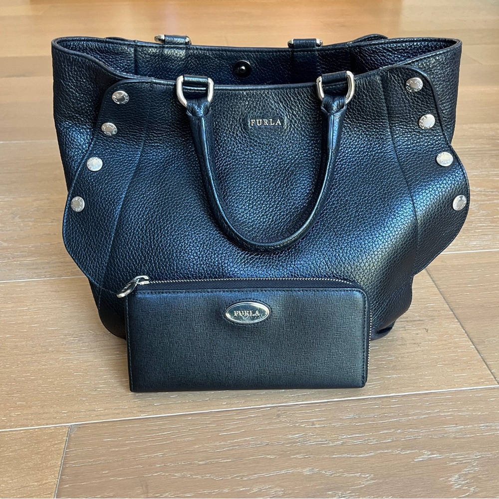 Furla Black Handbag and Wallet Bundle
